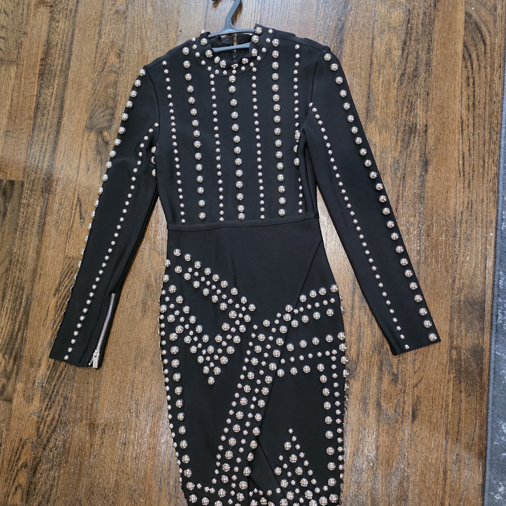 MODA ME COUTURE Black Studded Long Sleeve Dress